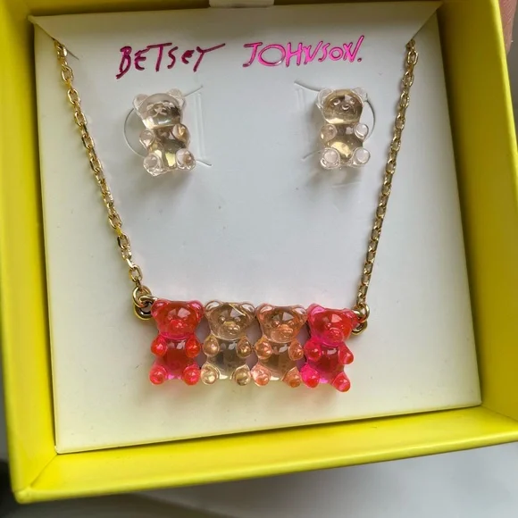 Betsey Johnson Gummy Bear Earrings & Necklace Pink and clear - Picture 3 of 4